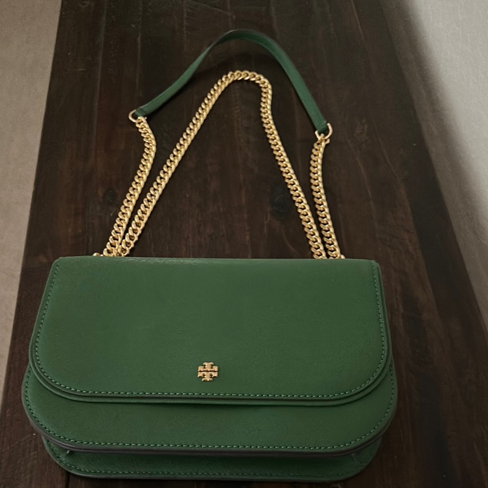 Tory Burch Green Gold Crossbody Bag with Structured Design